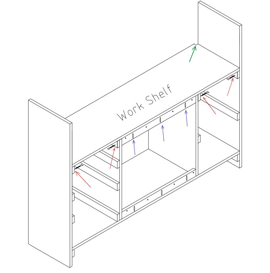 Assembly Drawing - Attach the Work Shelf to the Sides and Divide Panels
