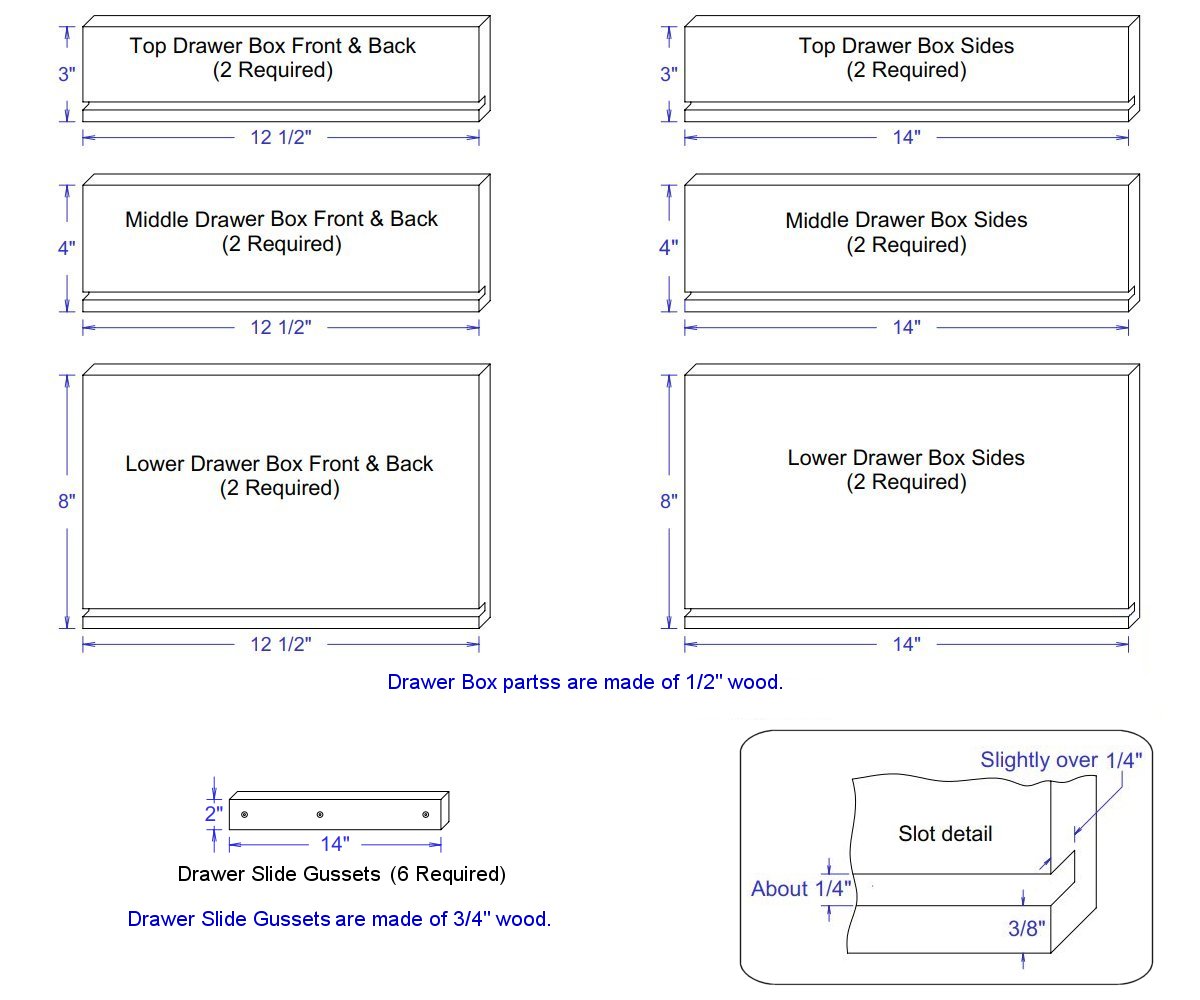Parts Drawings - Drawer Box Sides, Fronts, and Backs